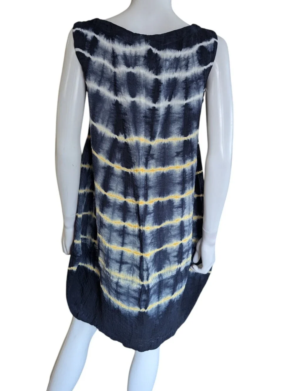 Sleeveless Navy and Yellow Tie-Dye Shift Dress - Picture 3 of 7